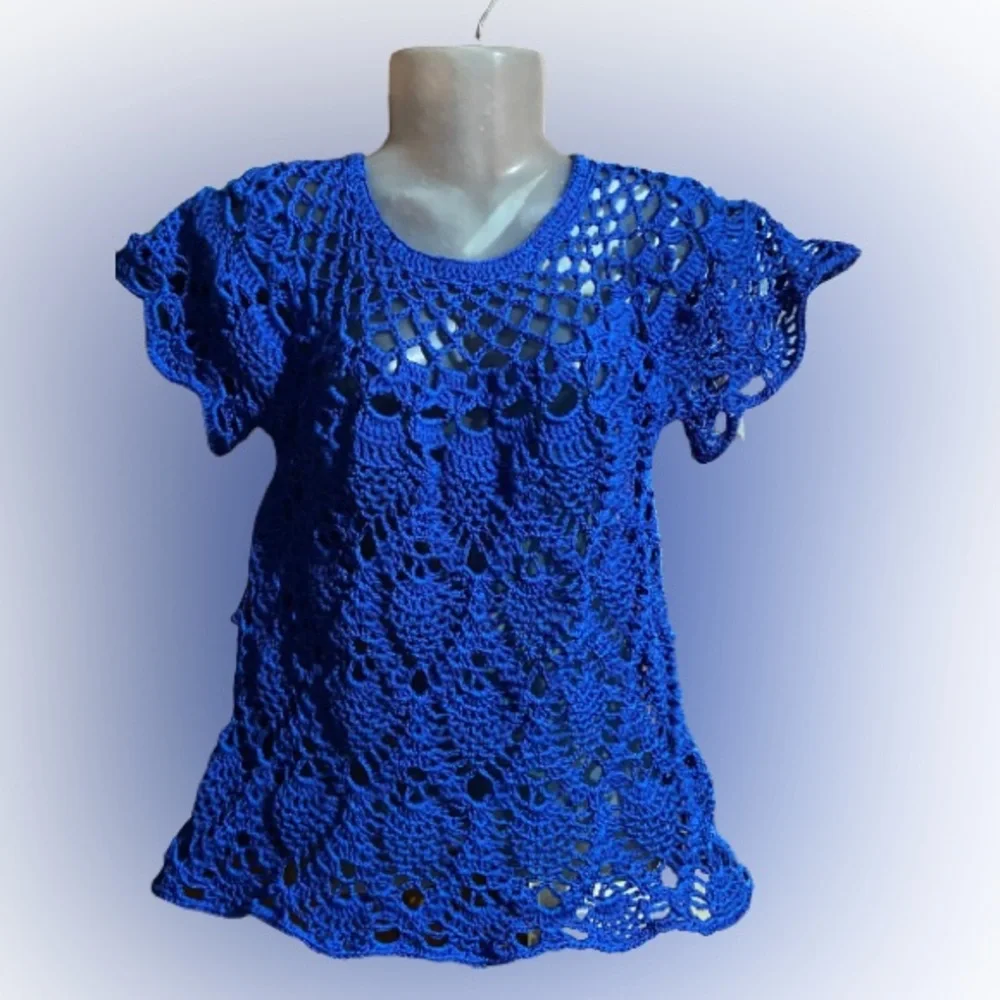 Crocheted Handmade Cotton Thread Pullover Top for Woman - Blue, Large Size - Picture 1 of 8